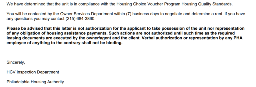 Section 8 Inspection Process - Pass Letter